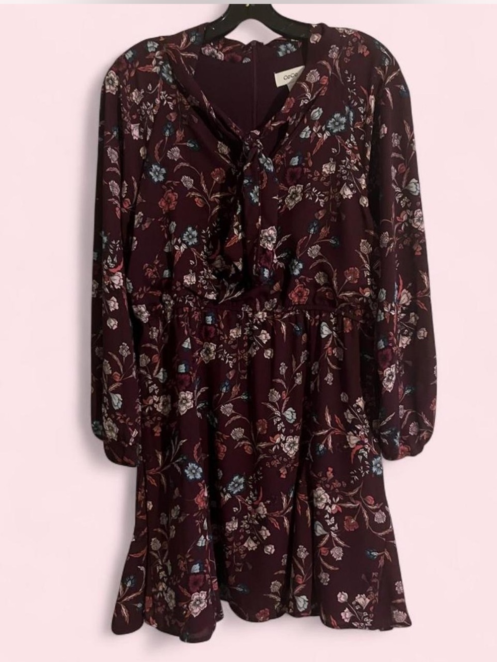 CeCe Burgundy Floral Tie-Neck Long Sleeve Dress with eleastic waist and wrists